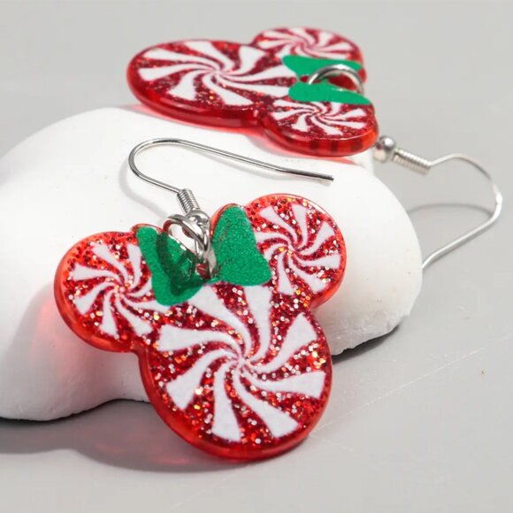 Minnie Mouse Red Peppermint Swirl Dangle Drop Earrings NEW - Picture 1 of 6
